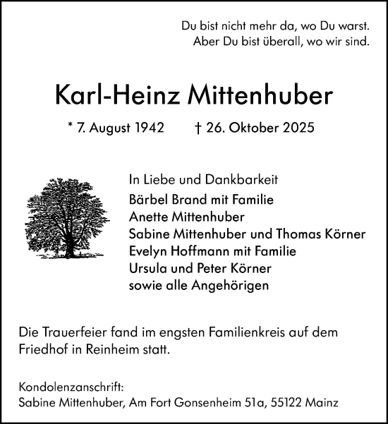 Traueranzeige von Karl-Heinz Mittenhuber von Darmstädter Echo