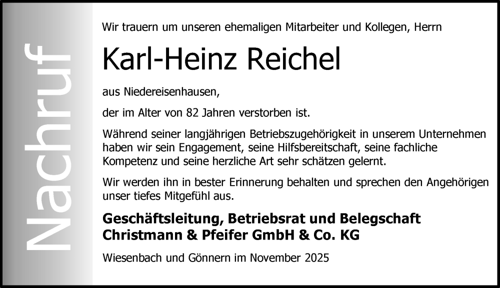  Traueranzeige für Karl-Heinz Reichel vom 26.11.2025 aus Hinterländer Anzeiger