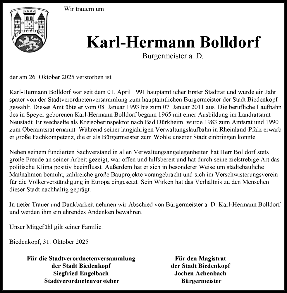 Traueranzeige für Karl-Hermann Bolldorf vom 05.11.2025 aus Hinterländer Anzeiger