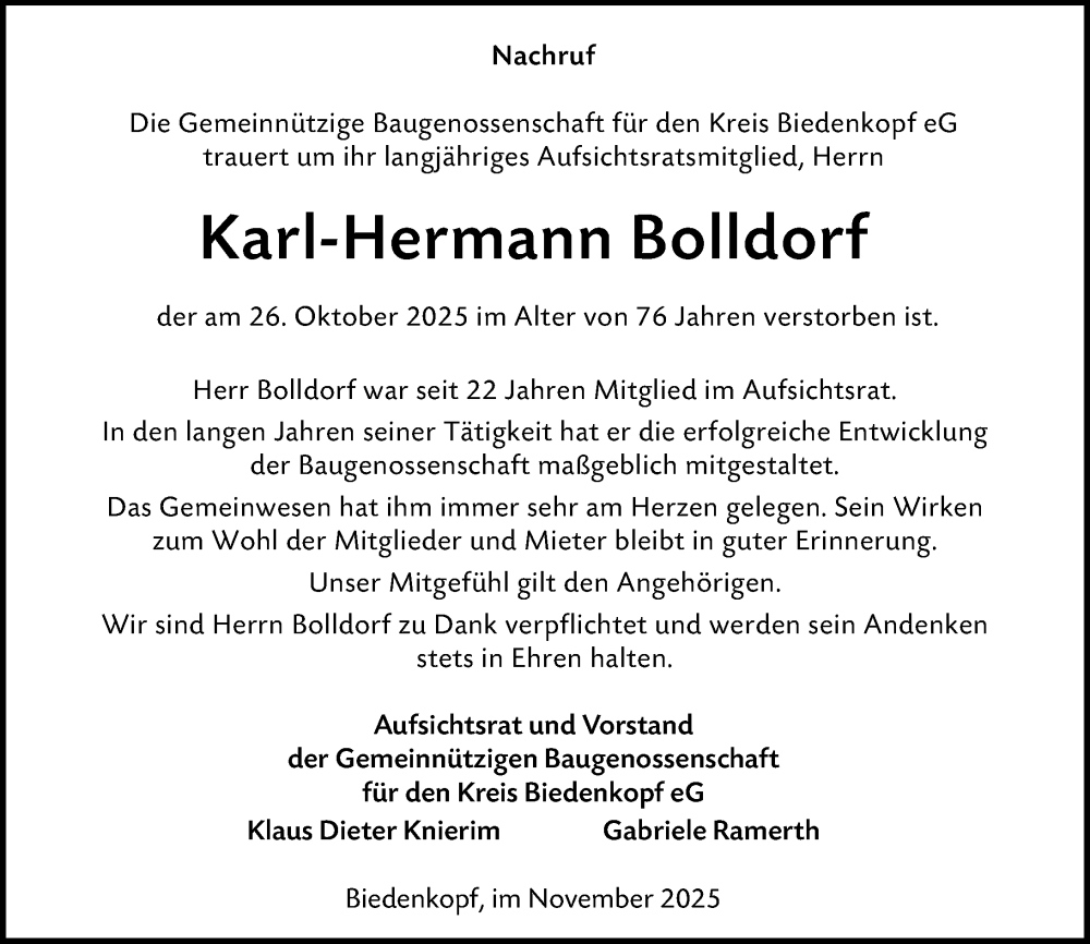  Traueranzeige für Karl-Hermann Bolldorf vom 05.11.2025 aus Hinterländer Anzeiger