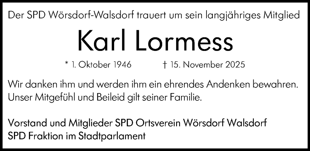  Traueranzeige für Karl Lormess vom 29.11.2025 aus Idsteiner Land/Untertaunus