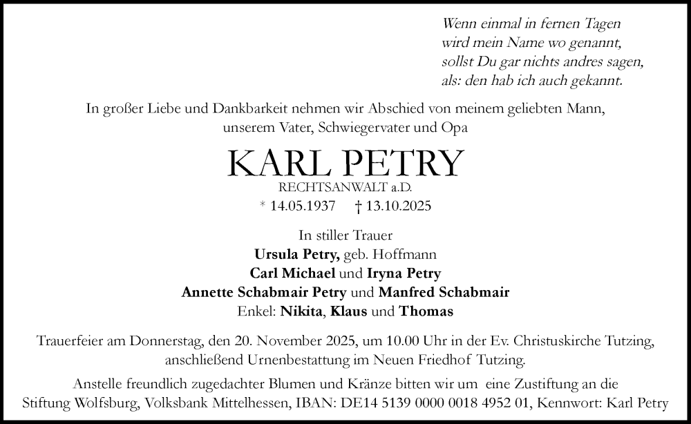  Traueranzeige für Karl Petry vom 08.11.2025 aus Wetzlarer Neue Zeitung