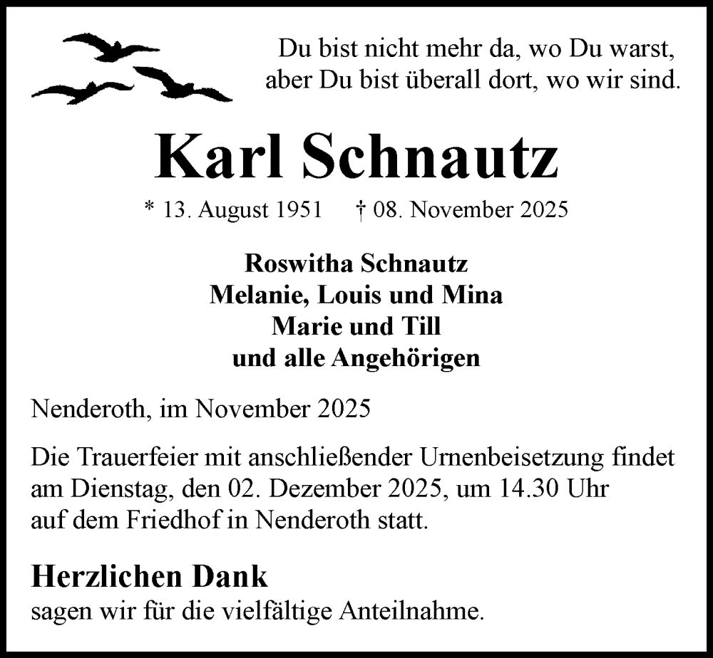  Traueranzeige für Karl Schnautz vom 29.11.2025 aus Dill Block