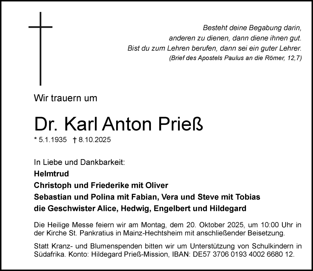  Traueranzeige für Karl Anton Prieß vom 11.10.2025 aus Allgemeine Zeitung Mainz