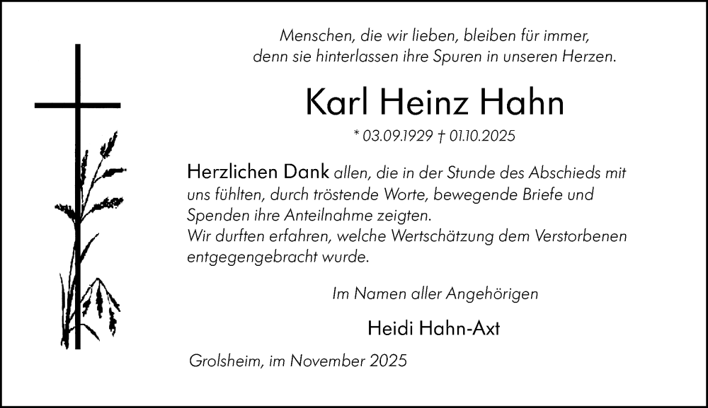  Traueranzeige für Karl Heinz Hahn vom 22.11.2025 aus Binger-/Ingelheimer Wochenblatt