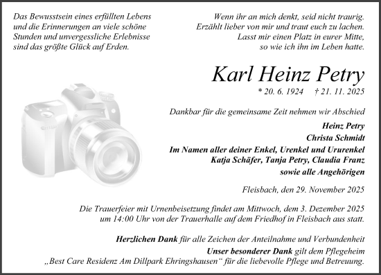 Traueranzeige von Karl Heinz Petry von Dill Block