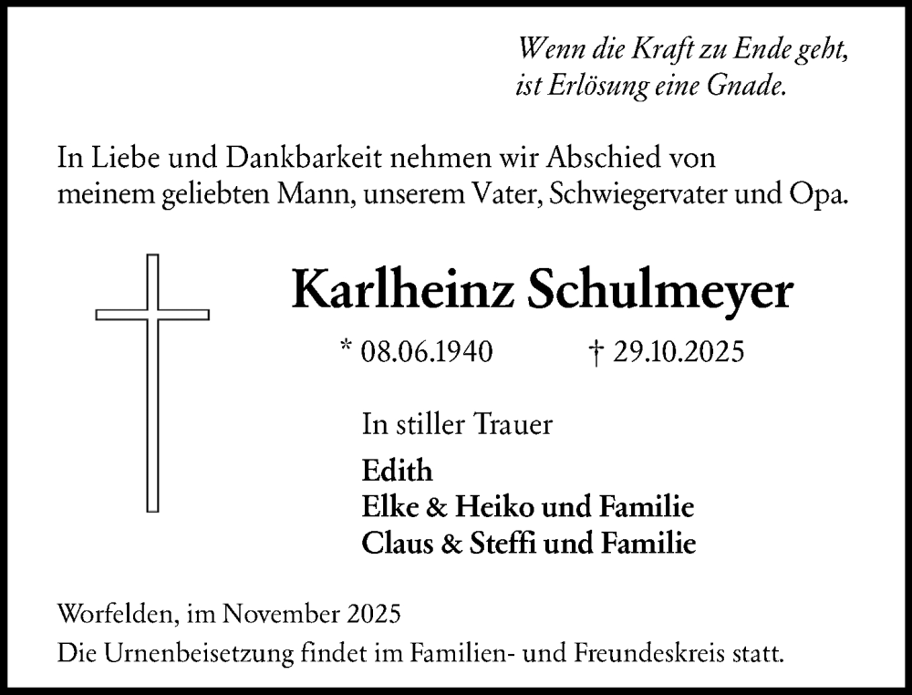  Traueranzeige für Karlheinz Schulmeyer vom 15.11.2025 aus Groß-Gerauer Echo