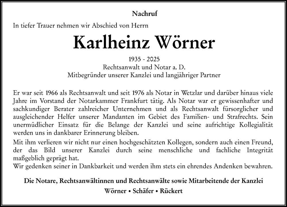  Traueranzeige für Karlheinz Wörner vom 22.11.2025 aus Wetzlarer Neue Zeitung