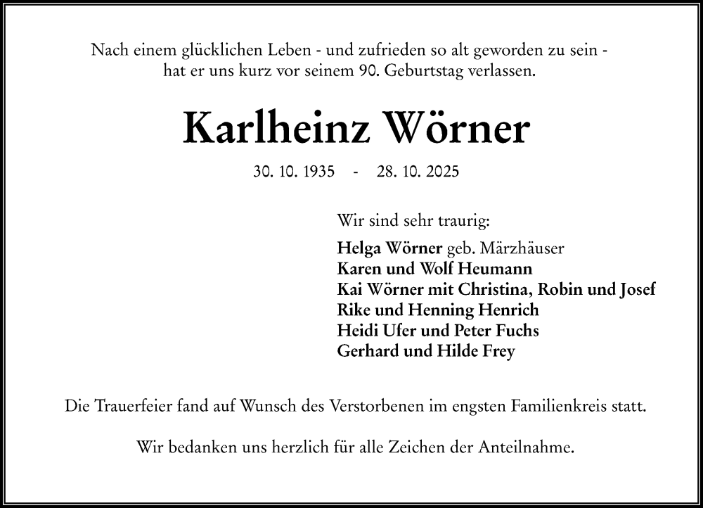  Traueranzeige für Karlheinz Wörner vom 22.11.2025 aus Wetzlarer Neue Zeitung