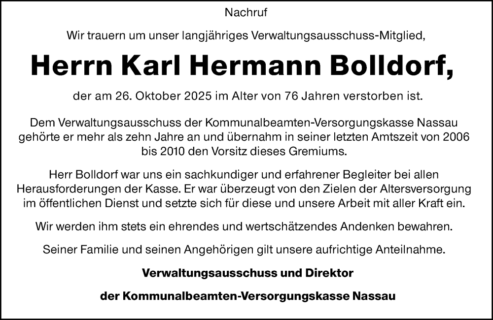  Traueranzeige für Karl Hermann Bolldorf vom 08.11.2025 aus Hinterländer Anzeiger