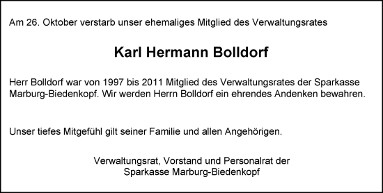 Traueranzeige von Karl Hermann Bolldorf von Hinterländer Anzeiger
