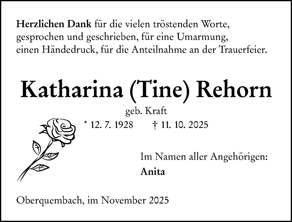  Traueranzeige für Katharina Rehorn vom 29.11.2025 aus Wetzlarer Neue Zeitung