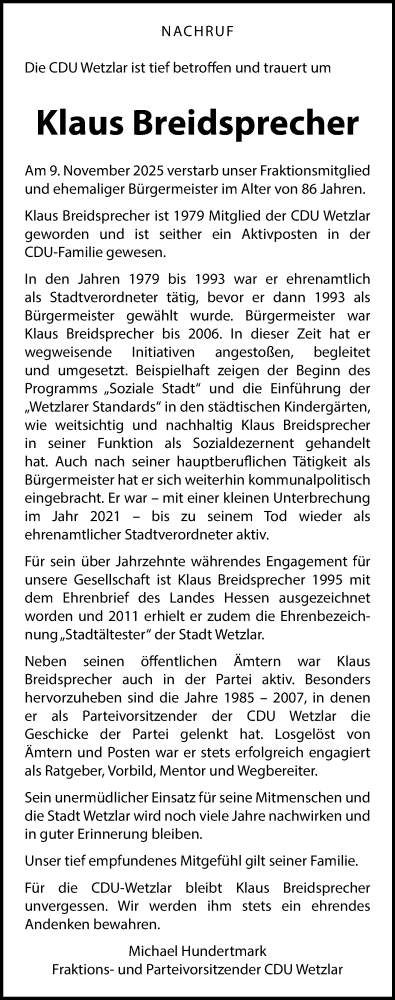Traueranzeige von Klaus Breidsprecher von Wetzlarer Neue Zeitung