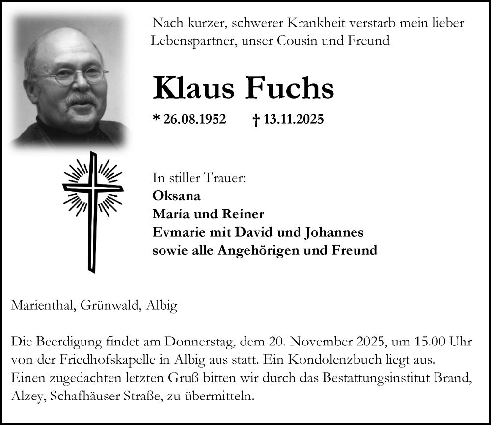  Traueranzeige für Klaus Fuchs vom 15.11.2025 aus Allgemeine Zeitung Alzey