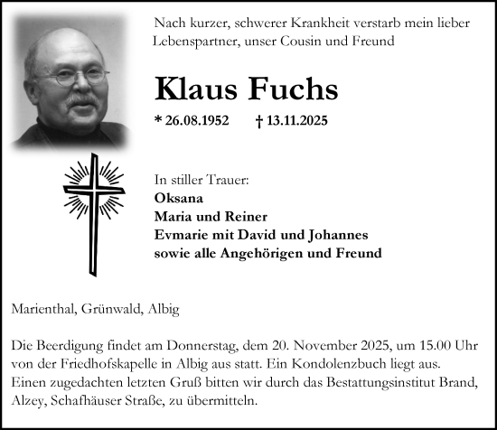 Traueranzeige von Klaus Fuchs von Allgemeine Zeitung Alzey