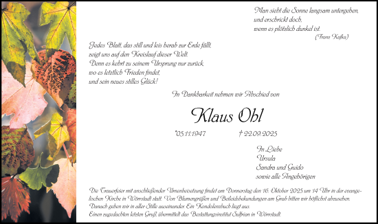 Traueranzeige von Klaus Ohl von Allgemeine Zeitung Alzey