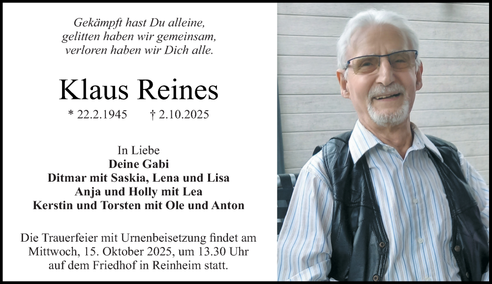  Traueranzeige für Klaus Reines vom 11.10.2025 aus Darmstädter Echo