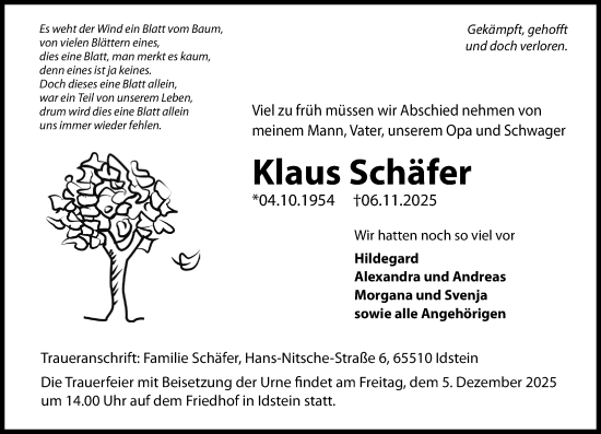 Traueranzeige von Klaus Schäfer von Idsteiner Land/Untertaunus