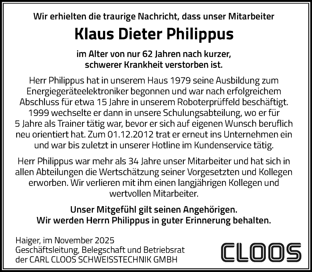  Traueranzeige für Klaus Dieter Philippus vom 07.11.2025 aus Dill Block