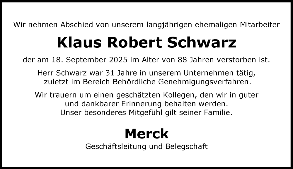  Traueranzeige für Klaus Robert Schwarz vom 11.10.2025 aus Darmstädter Echo