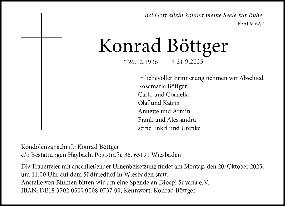  Traueranzeige für Konrad Böttger vom 11.10.2025 aus Wiesbadener Kurier