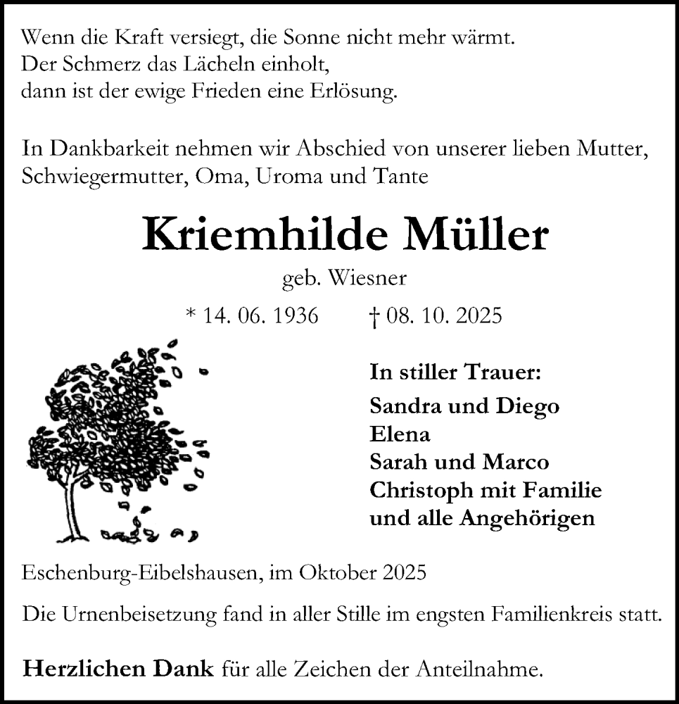  Traueranzeige für Kriemhilde Müller vom 28.10.2025 aus Dill Block