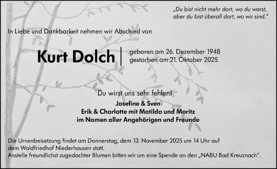 Traueranzeige von Kurt Dolch von Allgemeine Zeitung Alzey