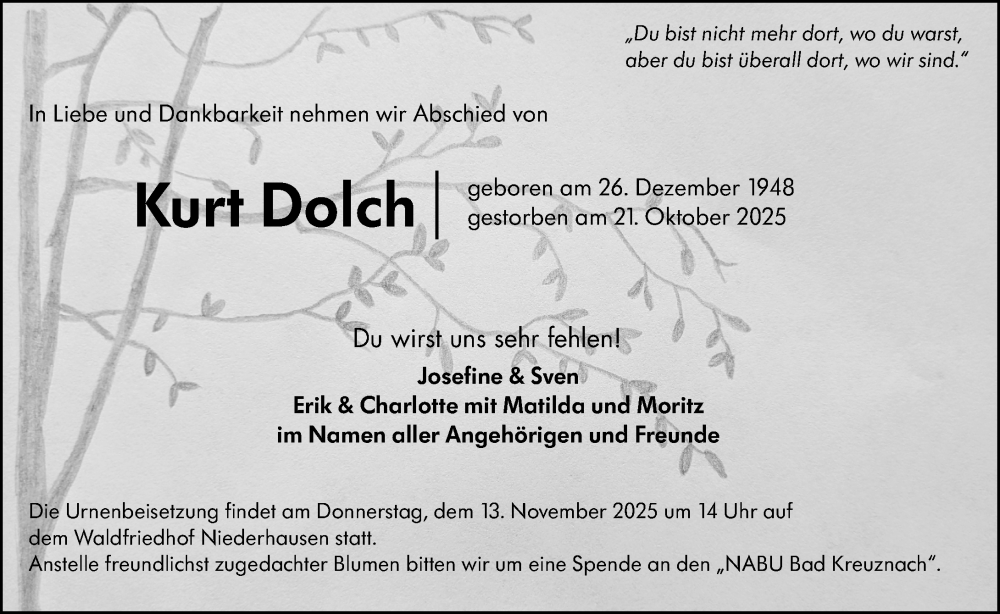  Traueranzeige für Kurt Dolch vom 08.11.2025 aus Allgemeine Zeitung Alzey