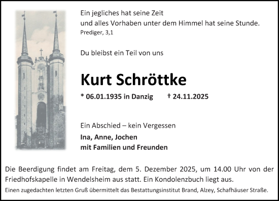 Traueranzeige von Kurt Schröttke von Allgemeine Zeitung Alzey