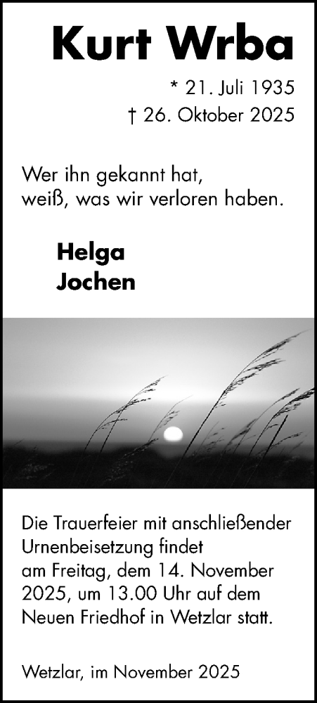  Traueranzeige für Kurt Wrba vom 08.11.2025 aus Wetzlarer Neue Zeitung