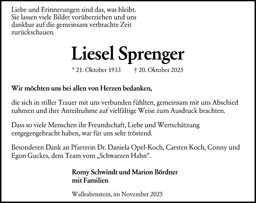  Traueranzeige für Liesel Sprenger vom 22.11.2025 aus Idsteiner Land/Untertaunus