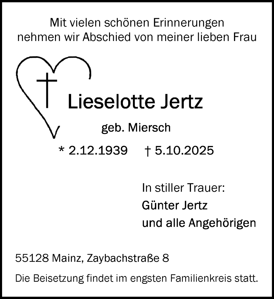  Traueranzeige für Lieselotte Jertz vom 11.10.2025 aus Allgemeine Zeitung Mainz
