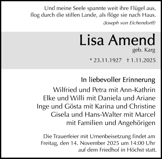 Traueranzeige von Lisa Amend von Odenwälder Echo