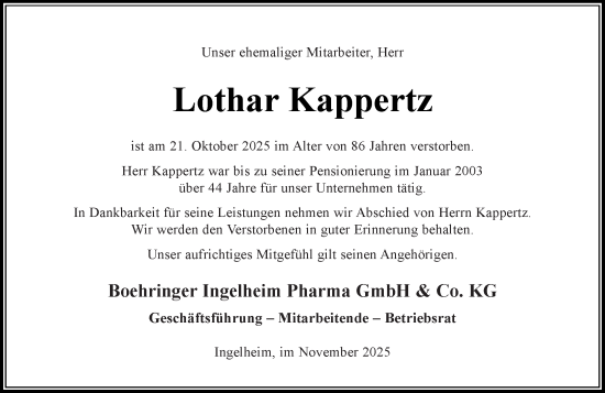 Traueranzeige von Lothar Kappertz von Allgemeine Zeitung Rheinhessen-Nahe