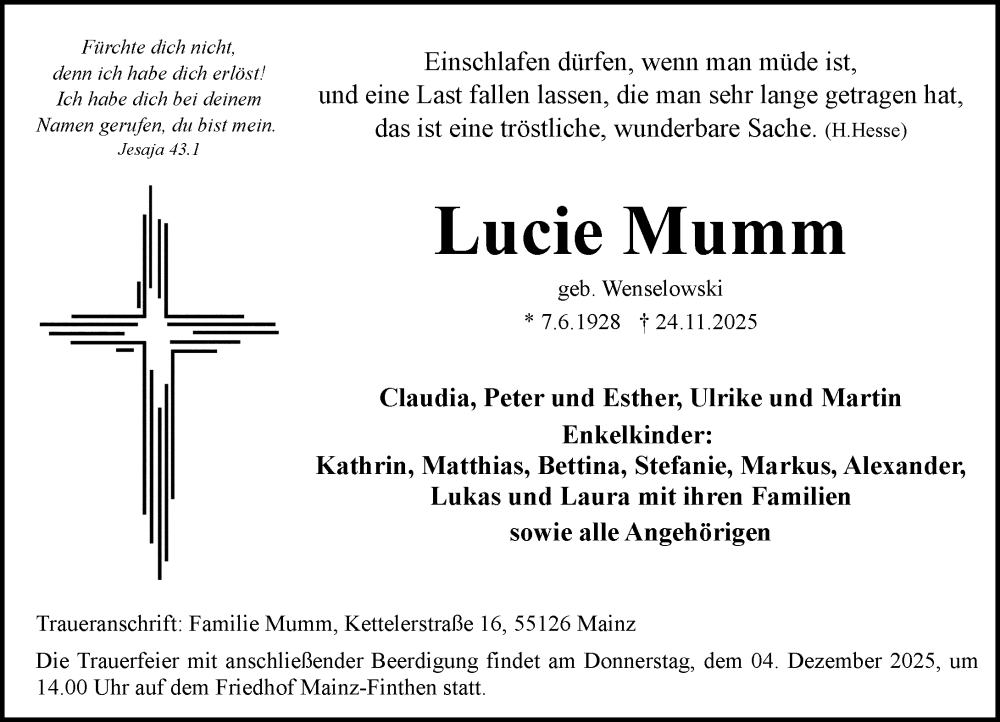  Traueranzeige für Lucie Mumm vom 29.11.2025 aus Allgemeine Zeitung Mainz