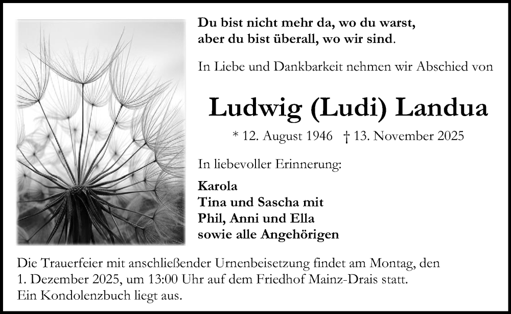  Traueranzeige für Ludwig Landua vom 22.11.2025 aus Allgemeine Zeitung Mainz