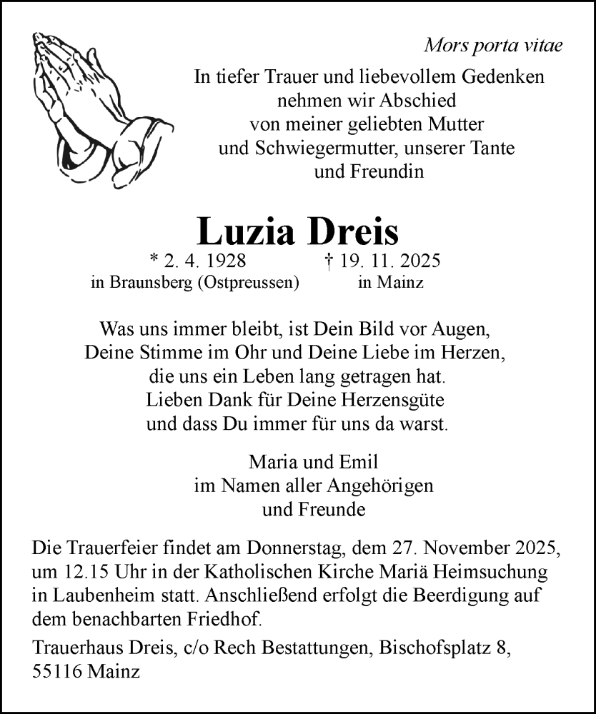  Traueranzeige für Luzia Dreis vom 22.11.2025 aus Allgemeine Zeitung Mainz