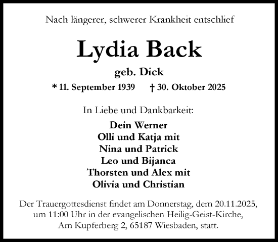 Traueranzeige von Lydia Back von Wiesbadener Kurier