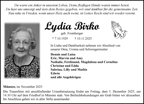 Traueranzeige von Lydia Birko von Camberger Anzeiger