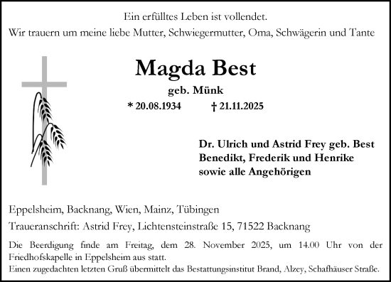Traueranzeige von Magda Best von Wormser Zeitung