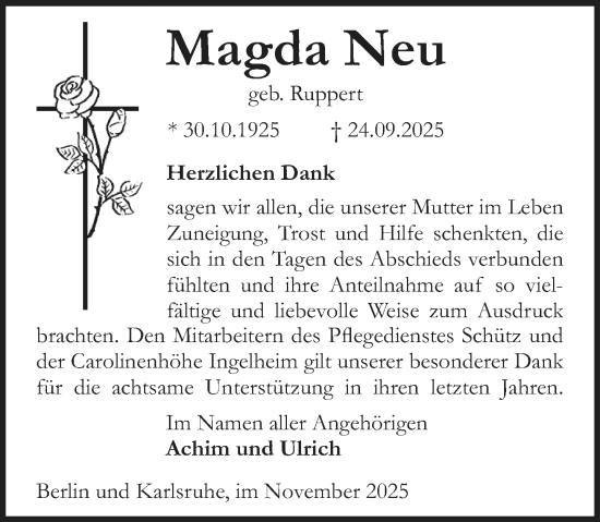 Traueranzeige von Magda Neu von Allgemeine Zeitung Rheinhessen-Nahe