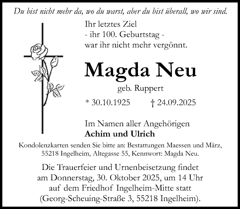  Traueranzeige für Magda Neu vom 11.10.2025 aus Allgemeine Zeitung Rheinhessen-Nahe