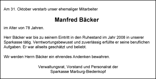 Traueranzeige von Manfred Bäcker von Hinterländer Anzeiger