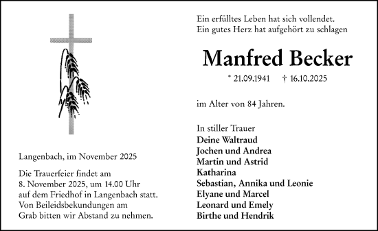 Traueranzeige von Manfred Becker von Weilburger Tageblatt