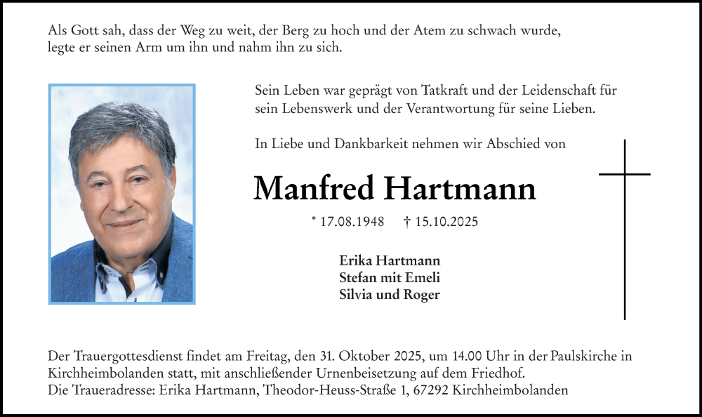  Traueranzeige für Manfred Hartmann vom 28.10.2025 aus Allgemeine Zeitung Alzey