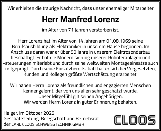 Traueranzeige von Manfred Lorenz von Dill Block