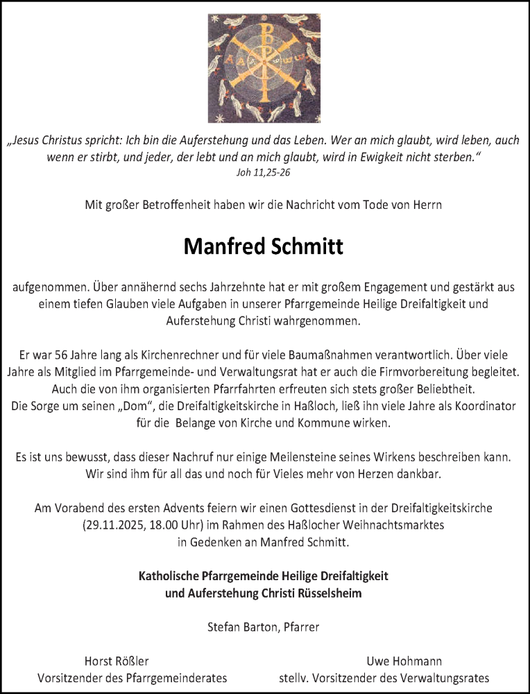  Traueranzeige für Manfred Schmitt vom 22.11.2025 aus Rüsselsheimer Echo