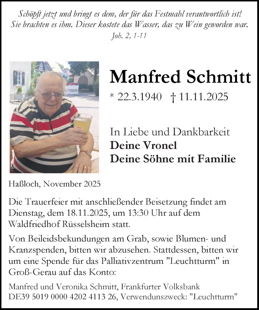  Traueranzeige für Manfred Schmitt vom 15.11.2025 aus Rüsselsheimer Echo