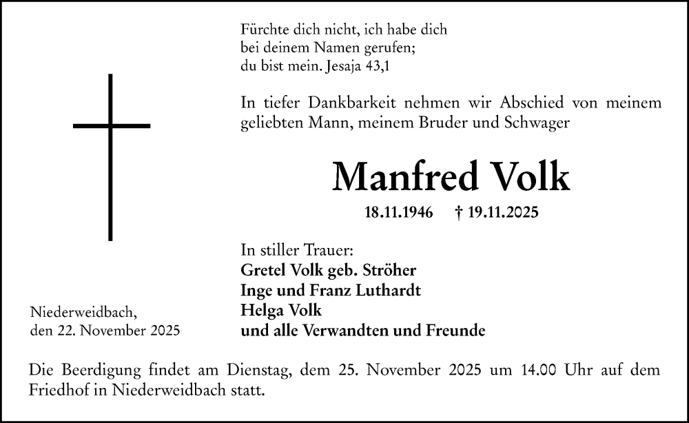  Traueranzeige für Manfred Volk vom 22.11.2025 aus Wetzlarer Neue Zeitung