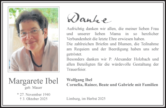 Traueranzeige von Margarete Ibel von Nassauische Neue Presse